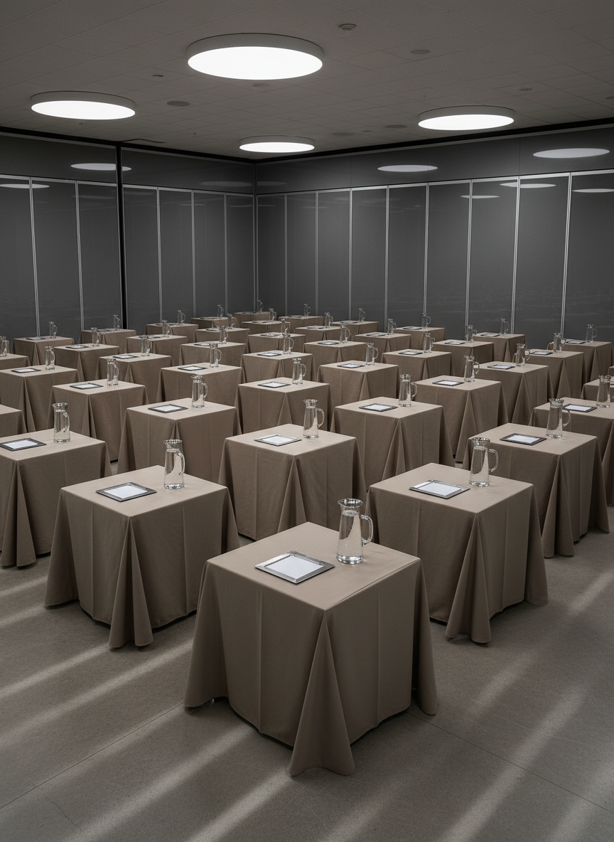 An organized event setup featuring a geometric grid of tables draped in elegant, taupe linen with stainless steel nameplate stands and carefully aligned glass water pitchers. The tables are set amidst a spacious venue with smooth concrete floors and glass partitions, accentuated by soft overhead lighting creating gentle, diffuse illumination and crisp reflections. The orderly arrangement communicates precision and efficiency, underscored by a sense of quiet focus. Shot from a wide, slightly elevated perspective, the composition utilizes rule of thirds for a structured look. Photographic realism and a clean, minimalist vibe reflect the sophistication of high-end business event management.